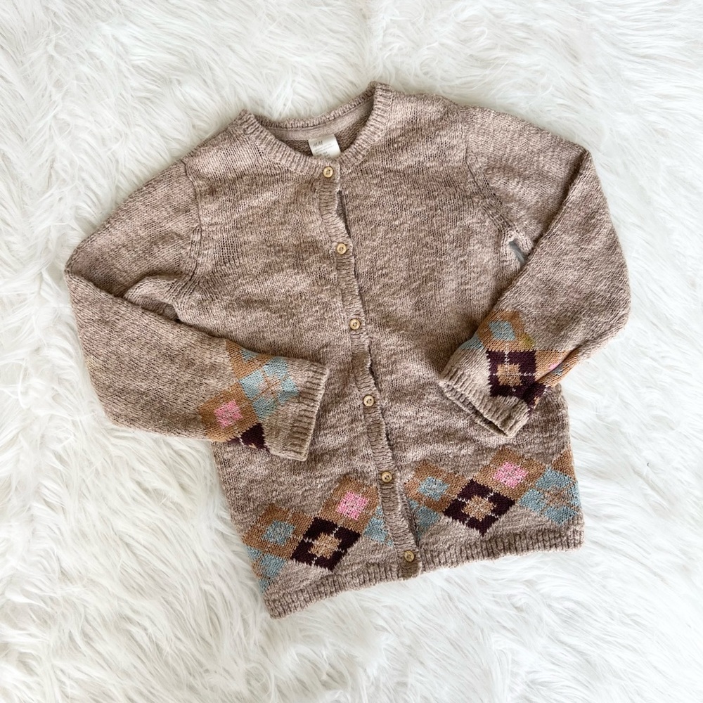Beige Tan Girl Knit Cardigan with Geo Patterns Size 3-4